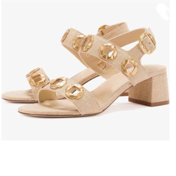 YDN Beige Gold Open Toe Sandals Block Low Heels Backstrap with Buckle Shoes - Picture 1 of 8